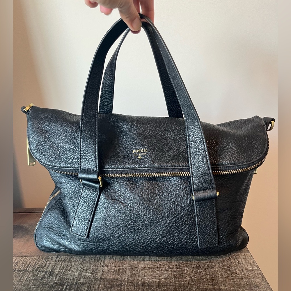 Fossil Preston Foldover Black Pebbled Leather Tote Satchel Shoulder Bag